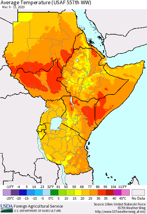 Eastern Africa Average Temperature (USAF 557th WW) Thematic Map For 3/9/2020 - 3/15/2020