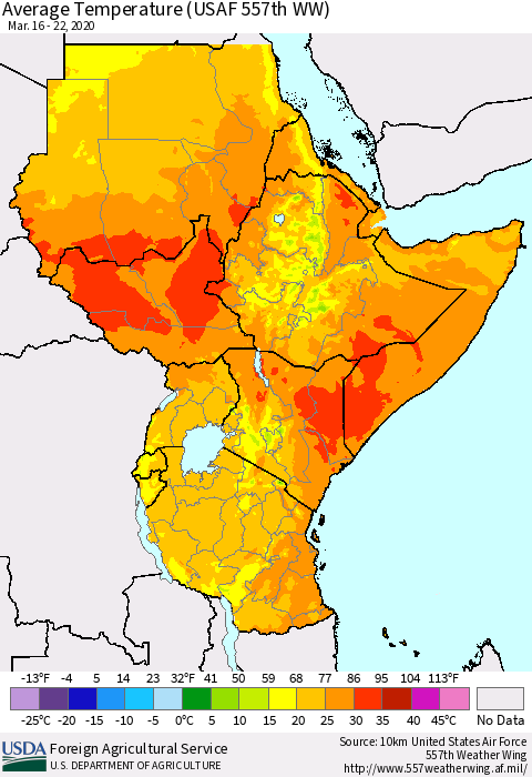 Eastern Africa Average Temperature (USAF 557th WW) Thematic Map For 3/16/2020 - 3/22/2020