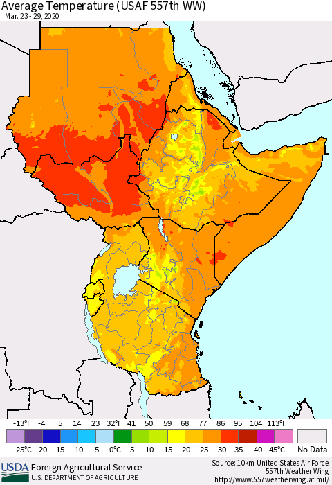 Eastern Africa Average Temperature (USAF 557th WW) Thematic Map For 3/23/2020 - 3/29/2020