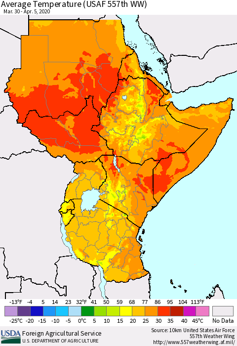Eastern Africa Average Temperature (USAF 557th WW) Thematic Map For 3/30/2020 - 4/5/2020