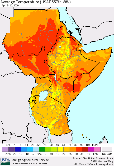 Eastern Africa Average Temperature (USAF 557th WW) Thematic Map For 4/6/2020 - 4/12/2020