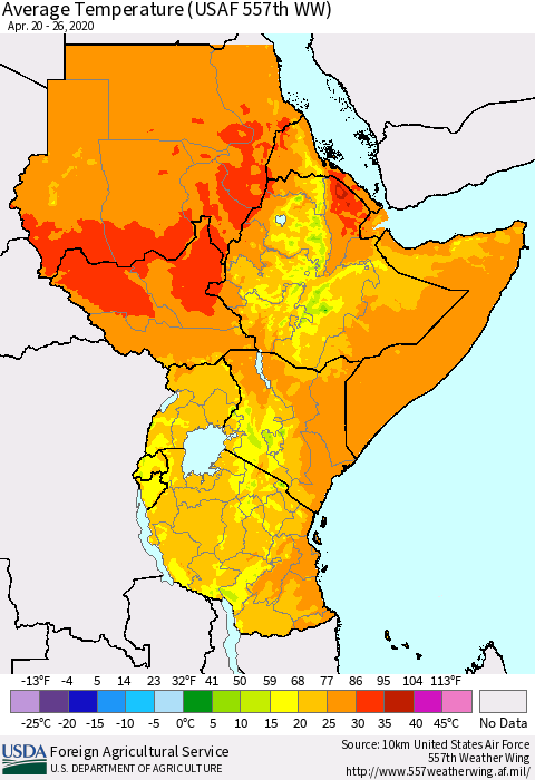 Eastern Africa Average Temperature (USAF 557th WW) Thematic Map For 4/20/2020 - 4/26/2020