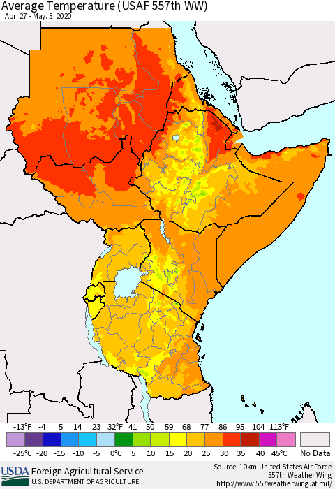 Eastern Africa Average Temperature (USAF 557th WW) Thematic Map For 4/27/2020 - 5/3/2020