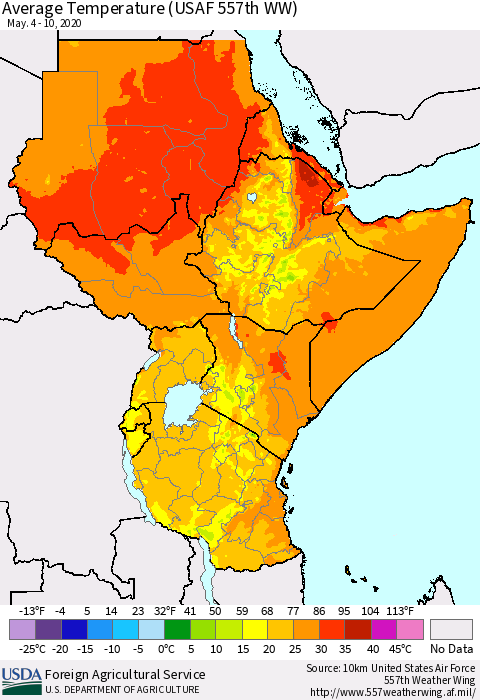 Eastern Africa Average Temperature (USAF 557th WW) Thematic Map For 5/4/2020 - 5/10/2020