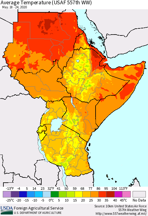 Eastern Africa Average Temperature (USAF 557th WW) Thematic Map For 5/18/2020 - 5/24/2020