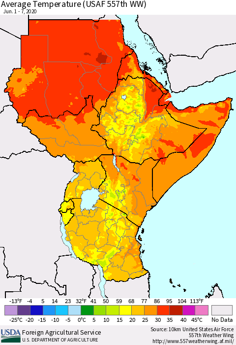 Eastern Africa Average Temperature (USAF 557th WW) Thematic Map For 6/1/2020 - 6/7/2020