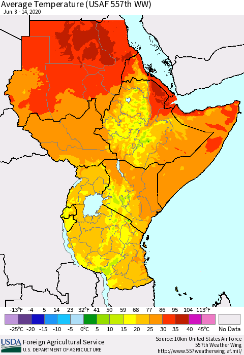 Eastern Africa Average Temperature (USAF 557th WW) Thematic Map For 6/8/2020 - 6/14/2020
