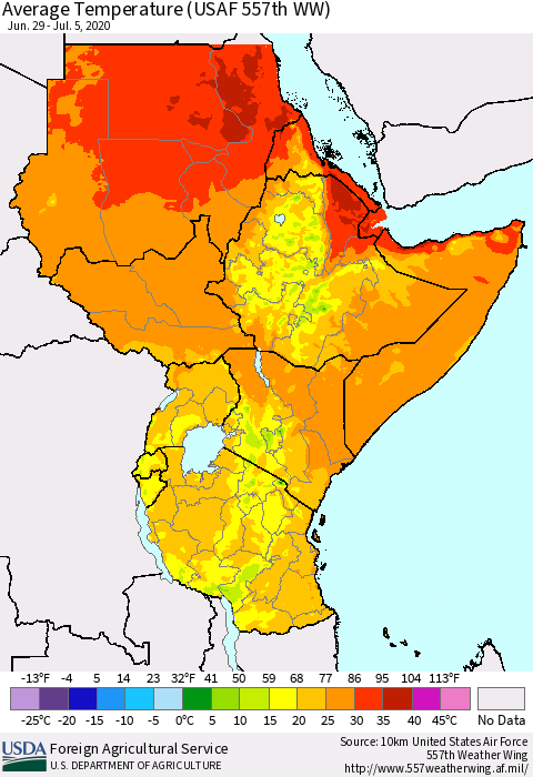 Eastern Africa Average Temperature (USAF 557th WW) Thematic Map For 6/29/2020 - 7/5/2020