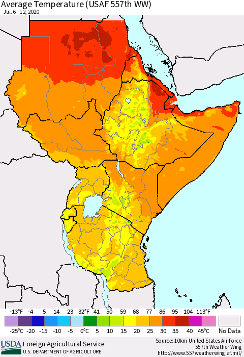 Eastern Africa Average Temperature (USAF 557th WW) Thematic Map For 7/6/2020 - 7/12/2020