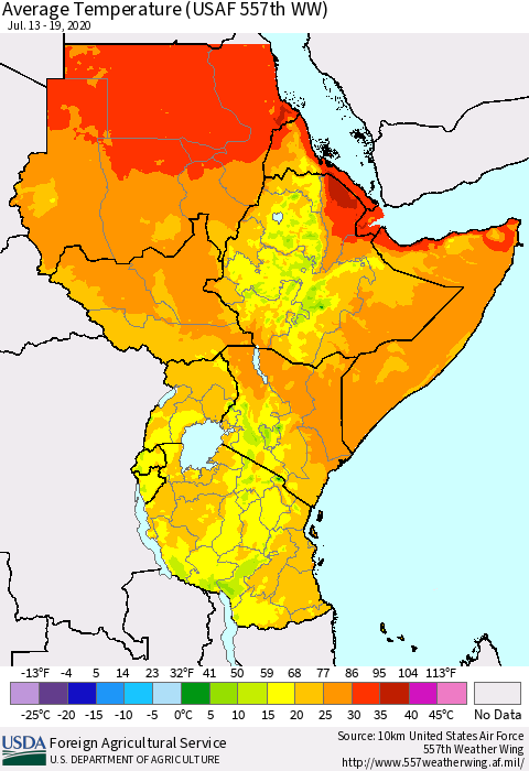 Eastern Africa Average Temperature (USAF 557th WW) Thematic Map For 7/13/2020 - 7/19/2020