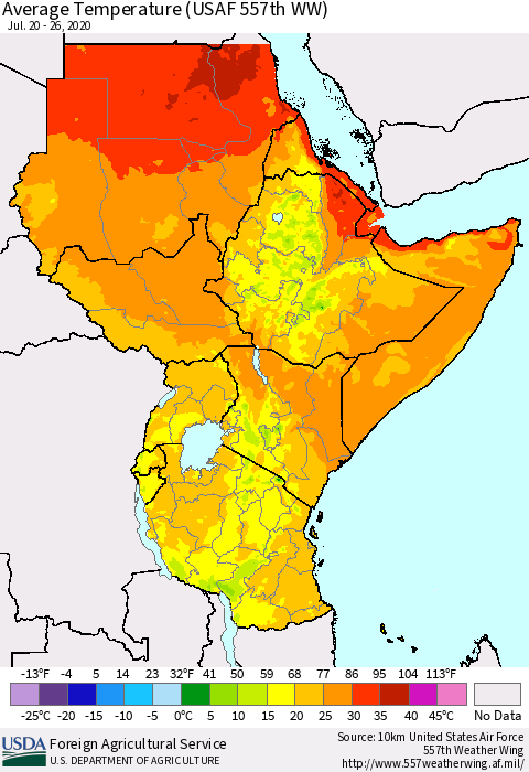 Eastern Africa Average Temperature (USAF 557th WW) Thematic Map For 7/20/2020 - 7/26/2020