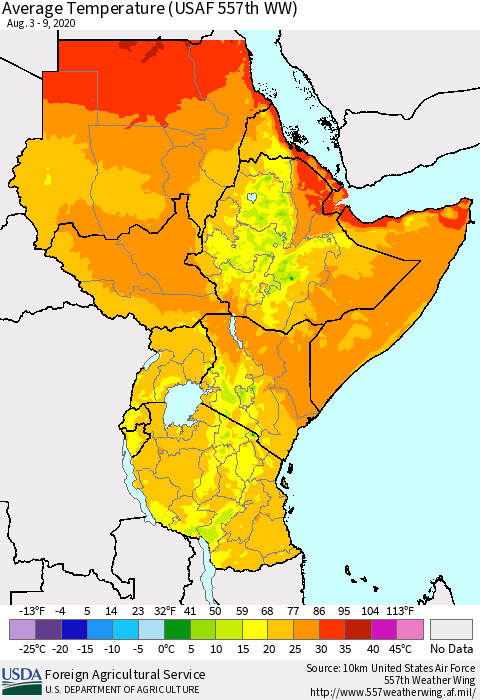 Eastern Africa Average Temperature (USAF 557th WW) Thematic Map For 8/3/2020 - 8/9/2020