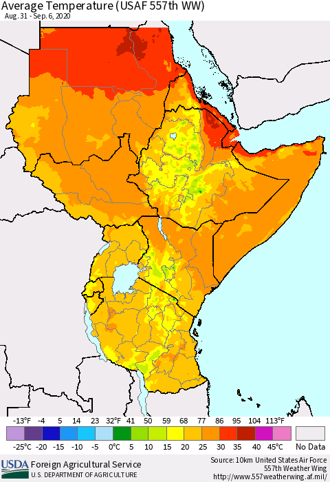 Eastern Africa Average Temperature (USAF 557th WW) Thematic Map For 8/31/2020 - 9/6/2020