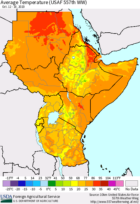 Eastern Africa Average Temperature (USAF 557th WW) Thematic Map For 10/12/2020 - 10/18/2020