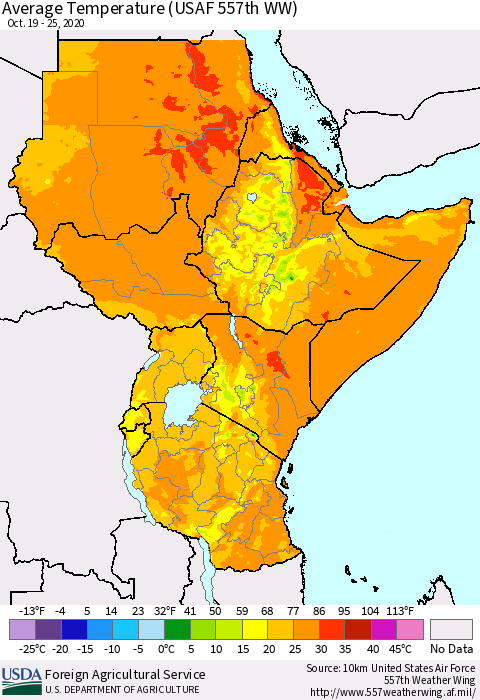 Eastern Africa Average Temperature (USAF 557th WW) Thematic Map For 10/19/2020 - 10/25/2020