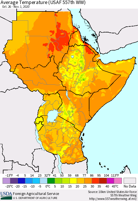Eastern Africa Average Temperature (USAF 557th WW) Thematic Map For 10/26/2020 - 11/1/2020