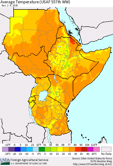 Eastern Africa Average Temperature (USAF 557th WW) Thematic Map For 11/2/2020 - 11/8/2020