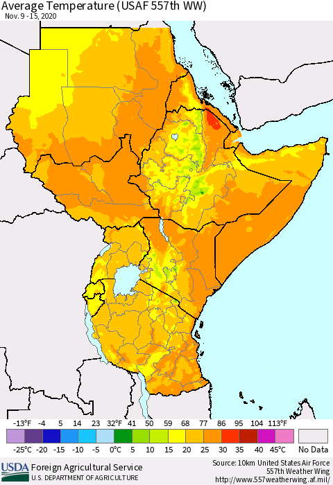Eastern Africa Average Temperature (USAF 557th WW) Thematic Map For 11/9/2020 - 11/15/2020