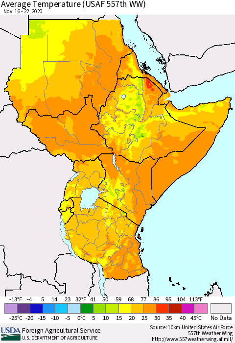 Eastern Africa Average Temperature (USAF 557th WW) Thematic Map For 11/16/2020 - 11/22/2020