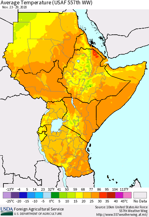 Eastern Africa Average Temperature (USAF 557th WW) Thematic Map For 11/23/2020 - 11/29/2020