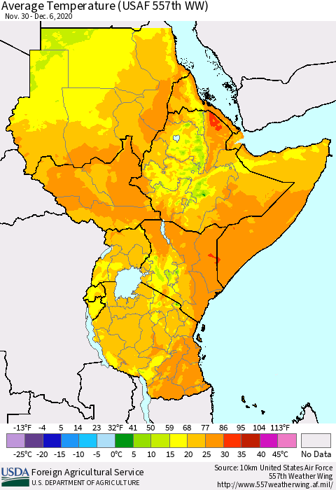 Eastern Africa Average Temperature (USAF 557th WW) Thematic Map For 11/30/2020 - 12/6/2020