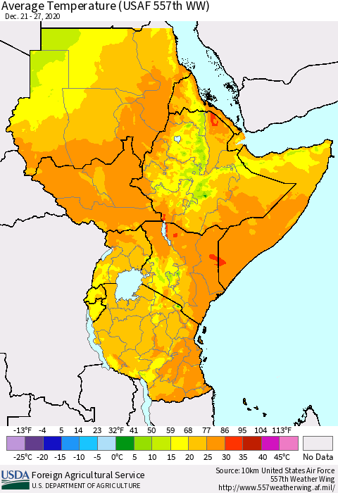Eastern Africa Average Temperature (USAF 557th WW) Thematic Map For 12/21/2020 - 12/27/2020