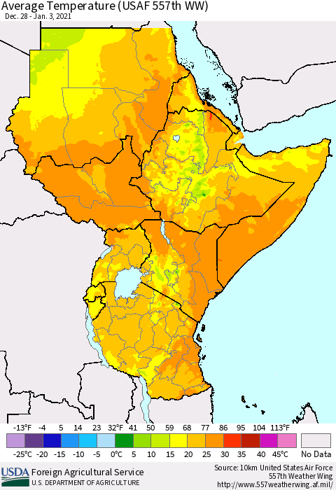 Eastern Africa Average Temperature (USAF 557th WW) Thematic Map For 12/28/2020 - 1/3/2021