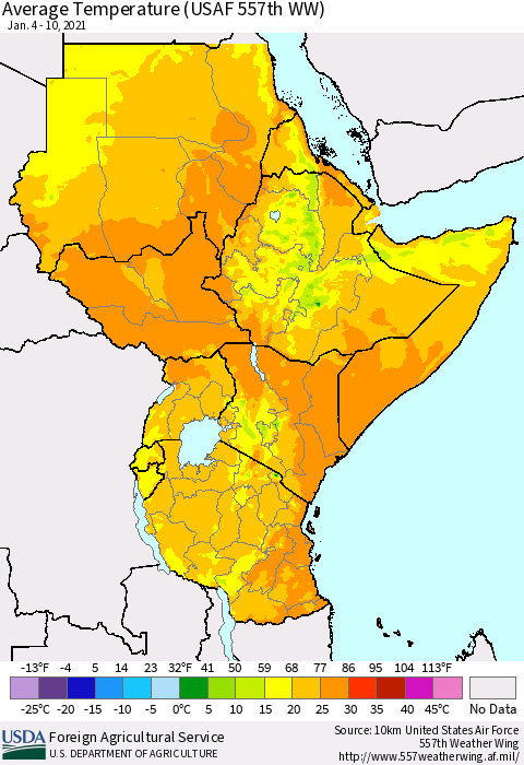 Eastern Africa Average Temperature (USAF 557th WW) Thematic Map For 1/4/2021 - 1/10/2021