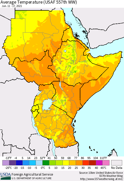 Eastern Africa Average Temperature (USAF 557th WW) Thematic Map For 1/11/2021 - 1/17/2021