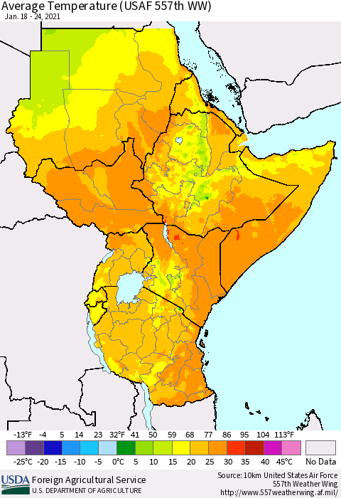 Eastern Africa Average Temperature (USAF 557th WW) Thematic Map For 1/18/2021 - 1/24/2021