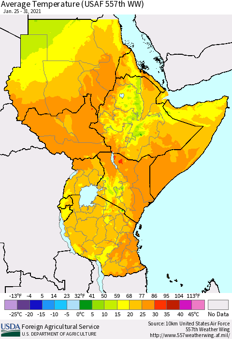 Eastern Africa Average Temperature (USAF 557th WW) Thematic Map For 1/25/2021 - 1/31/2021