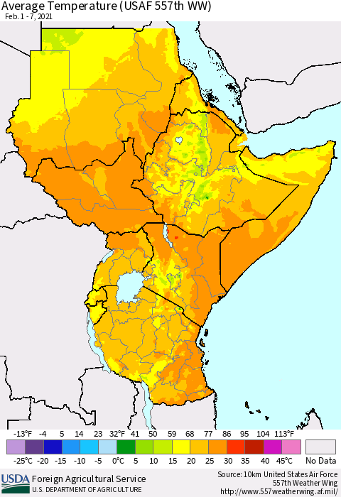 Eastern Africa Average Temperature (USAF 557th WW) Thematic Map For 2/1/2021 - 2/7/2021