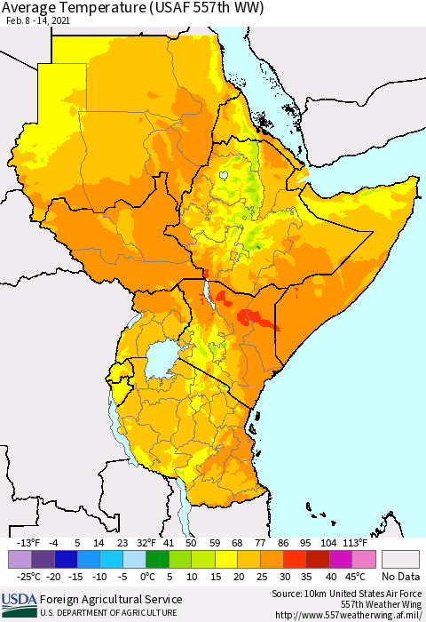 Eastern Africa Average Temperature (USAF 557th WW) Thematic Map For 2/8/2021 - 2/14/2021
