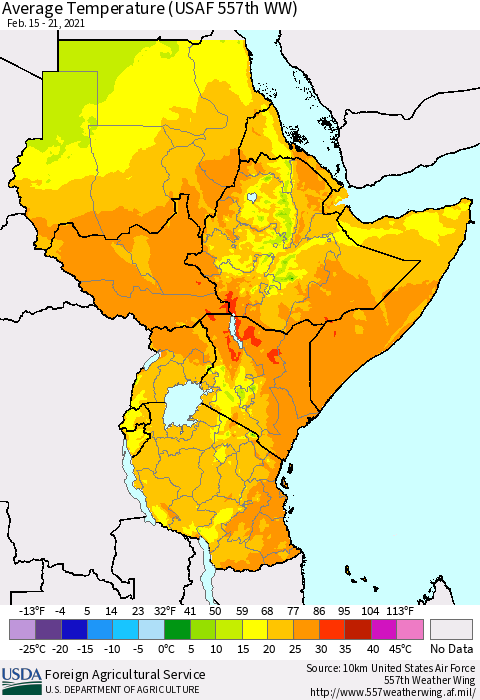 Eastern Africa Average Temperature (USAF 557th WW) Thematic Map For 2/15/2021 - 2/21/2021
