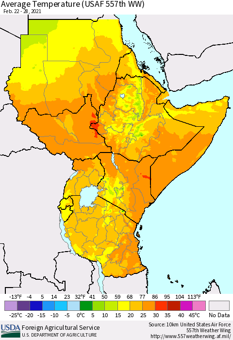 Eastern Africa Average Temperature (USAF 557th WW) Thematic Map For 2/22/2021 - 2/28/2021