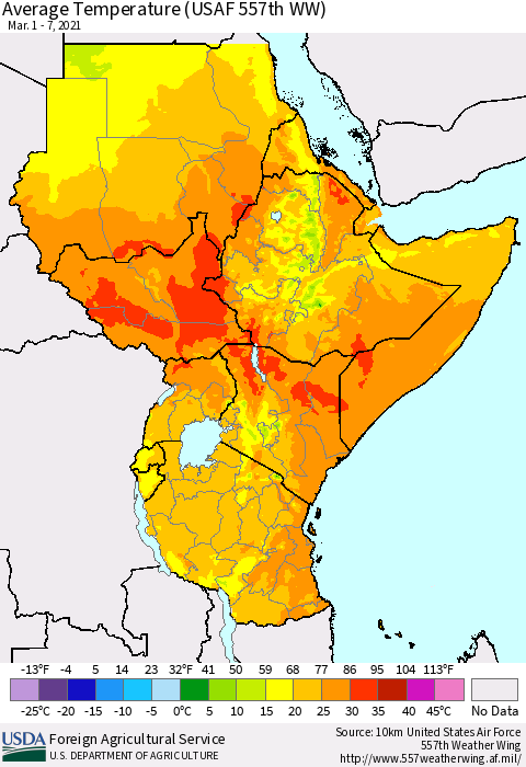 Eastern Africa Average Temperature (USAF 557th WW) Thematic Map For 3/1/2021 - 3/7/2021