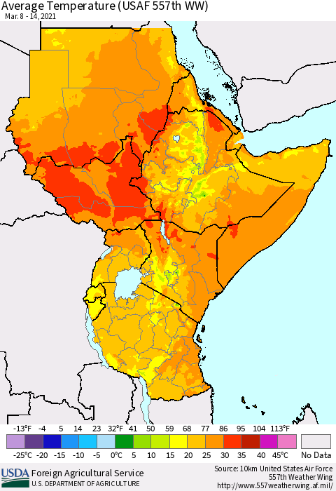 Eastern Africa Average Temperature (USAF 557th WW) Thematic Map For 3/8/2021 - 3/14/2021