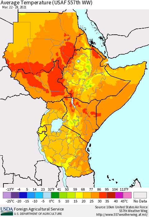 Eastern Africa Average Temperature (USAF 557th WW) Thematic Map For 3/22/2021 - 3/28/2021