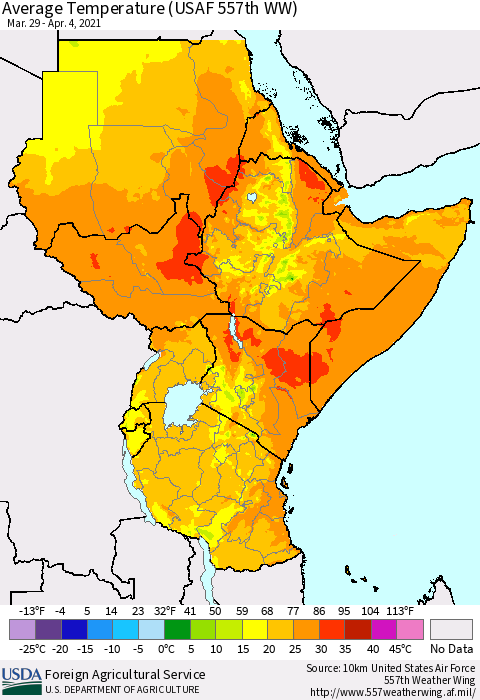 Eastern Africa Average Temperature (USAF 557th WW) Thematic Map For 3/29/2021 - 4/4/2021
