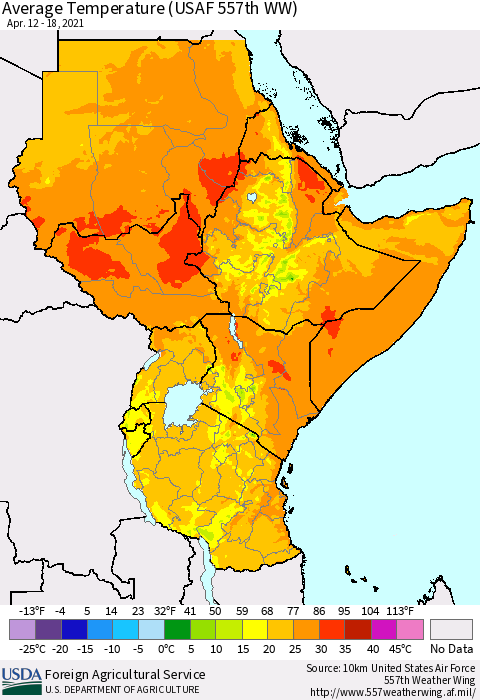 Eastern Africa Average Temperature (USAF 557th WW) Thematic Map For 4/12/2021 - 4/18/2021