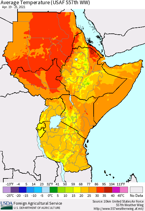 Eastern Africa Average Temperature (USAF 557th WW) Thematic Map For 4/19/2021 - 4/25/2021