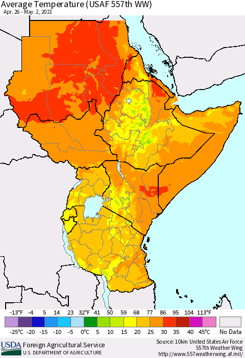 Eastern Africa Average Temperature (USAF 557th WW) Thematic Map For 4/26/2021 - 5/2/2021