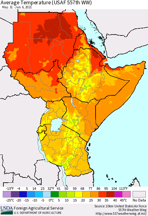 Eastern Africa Average Temperature (USAF 557th WW) Thematic Map For 5/31/2021 - 6/6/2021