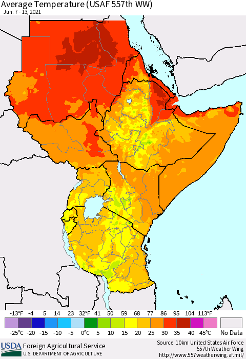 Eastern Africa Average Temperature (USAF 557th WW) Thematic Map For 6/7/2021 - 6/13/2021