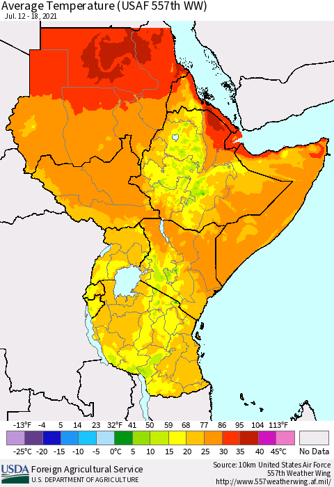 Eastern Africa Average Temperature (USAF 557th WW) Thematic Map For 7/12/2021 - 7/18/2021