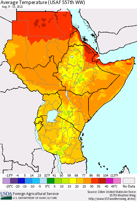 Eastern Africa Average Temperature (USAF 557th WW) Thematic Map For 8/9/2021 - 8/15/2021