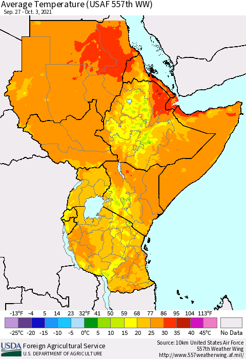 Eastern Africa Average Temperature (USAF 557th WW) Thematic Map For 9/27/2021 - 10/3/2021
