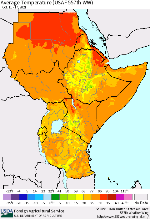 Eastern Africa Average Temperature (USAF 557th WW) Thematic Map For 10/11/2021 - 10/17/2021