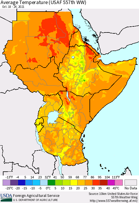 Eastern Africa Average Temperature (USAF 557th WW) Thematic Map For 10/18/2021 - 10/24/2021
