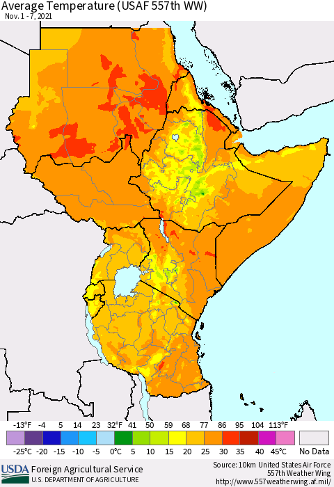 Eastern Africa Average Temperature (USAF 557th WW) Thematic Map For 11/1/2021 - 11/7/2021